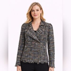 CeCe Raw Hem Tweed Moto Jacket | Size 0 | Asym Zip Frayed Hem Chic NWT